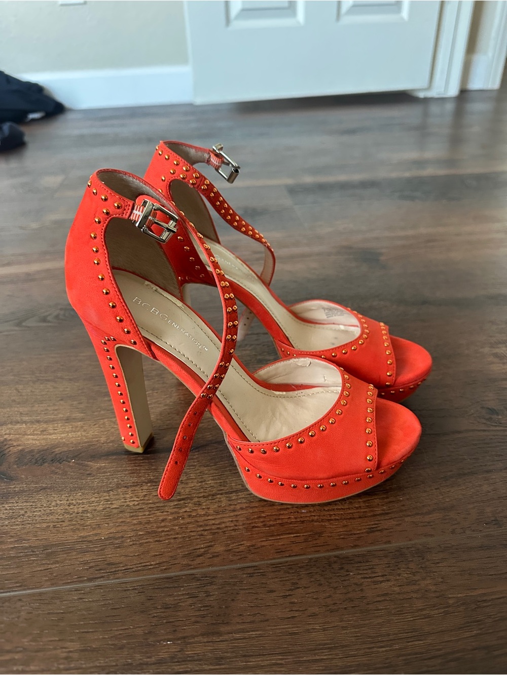 BCBGeneration Orange Suede Studded Platform Heels